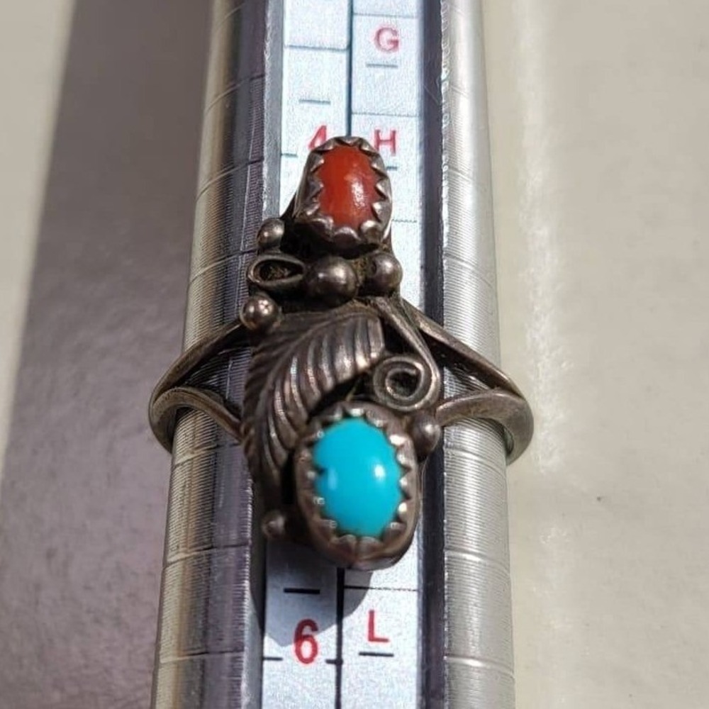925 Sterling Silver Navajo Turquoise Coral Feather Bypass Ring Size 4.75